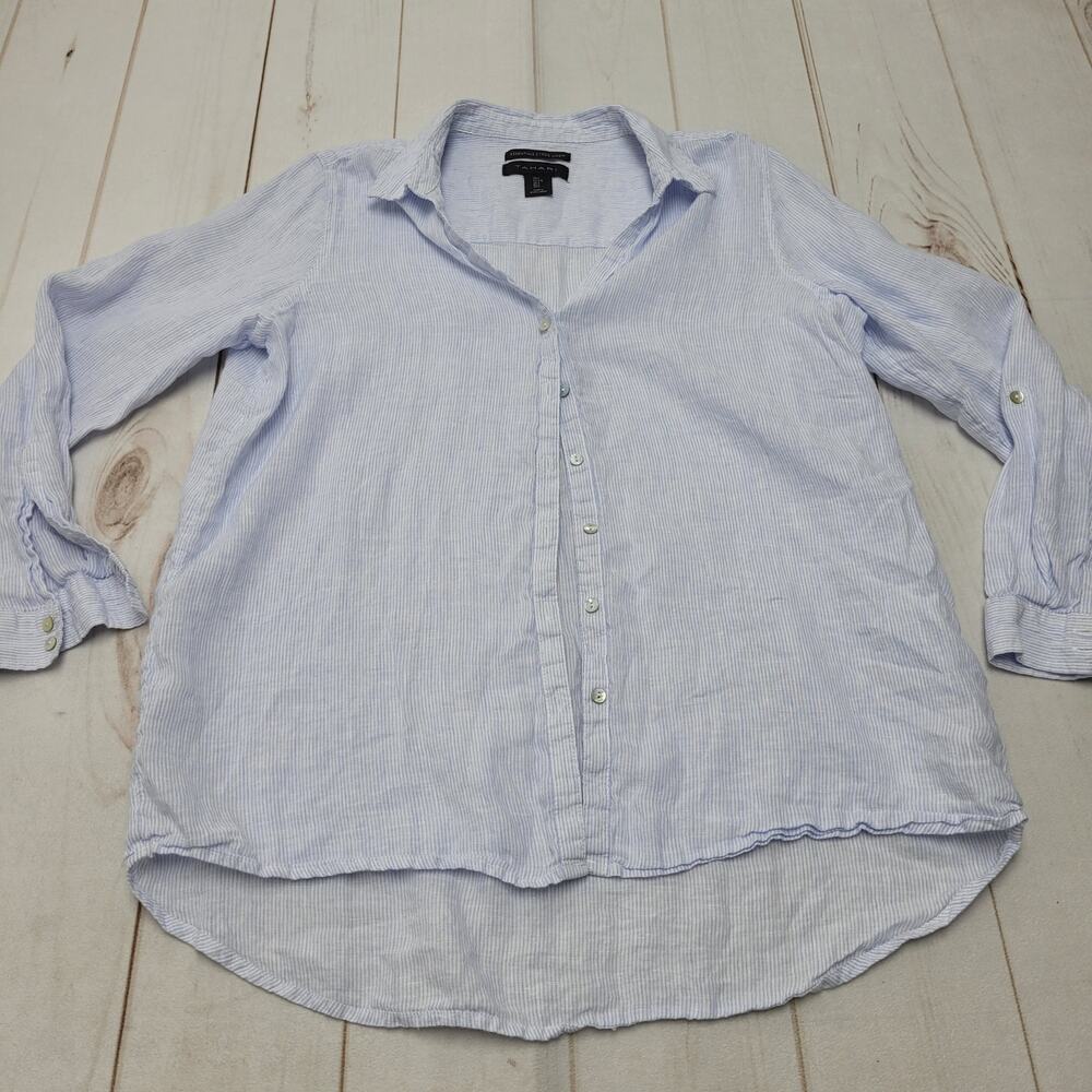 Tahari Essentials 100% linen pinstripe blue button down top shirt lagenlook